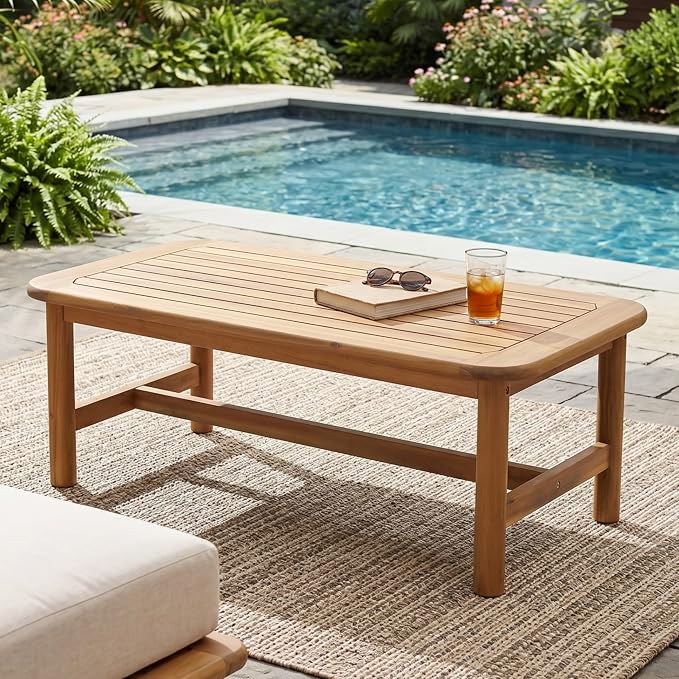 Christopher Knight Home Jun Patio Acacia Wood Coffee Table, Solid Wood Outdoor Table for Patio Furniture Set, Slat Panel Rectangular Top, Light Teak