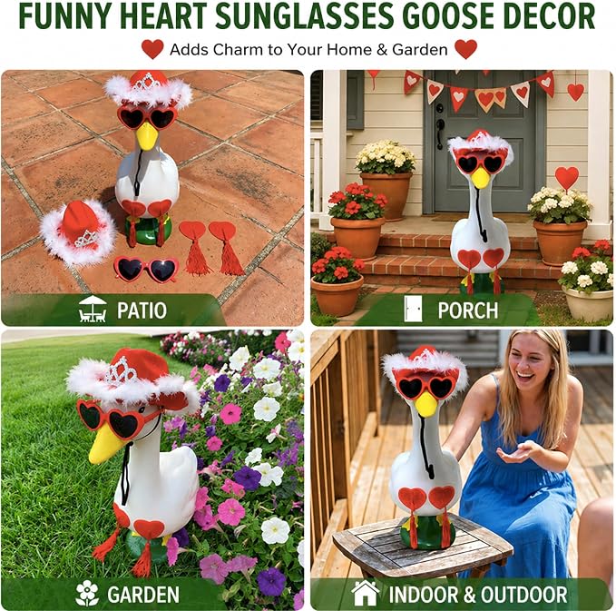 Funny Porch Goose Summer Decor Set Hat, Sunglasses & Tassel Skirt for 17'' & 24'' Lawn Geese Outdoor Yard Decoration (Heart Fringe)