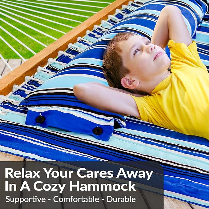 Sunnydaze Quilted Double Hammock for Outside with Spreader Bars and Pillow - 450 lb Capacity, 74x55 Inch Bed, UV Resistant, Quick Dry - Chains Included, Stand Sold Separately - Catalina Beach