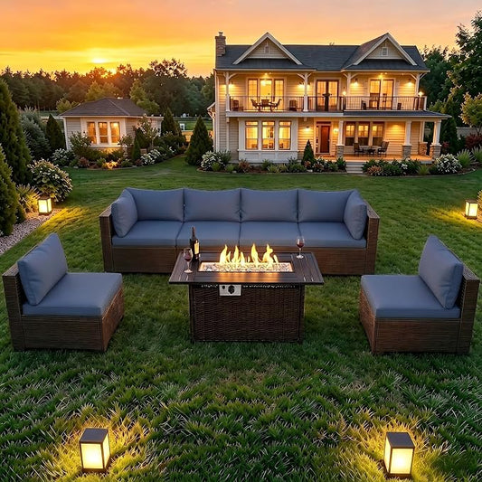 LAFWELL 8-Piece Wicker Patio Conversation Set with 44" Propane Fire Pit Table, Cozy Outdoor Sectional Sofa for Backyard Gatherings, Poolside Lounging & Garden Parties