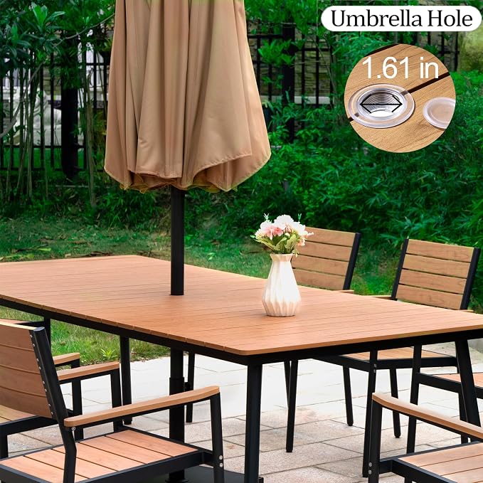 83" Patio Outdoor Dining Table for 6-8, Weather-Resistant Wood-Grain Top with Aluminum Frame & Umbrella Hole for Deck Gatherings, Brown