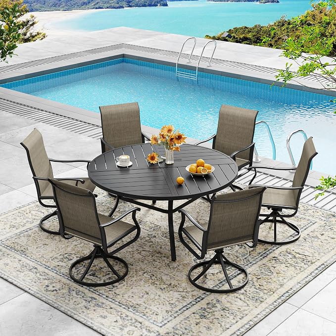 DIFY 50" Round Outdoor Patio Dining Table for 6, All-Weather Metal Steel Slatted Patio Table with 1.57" Adjustable Umbrella Hole, for Lawn Garden Porch Backyard, Black