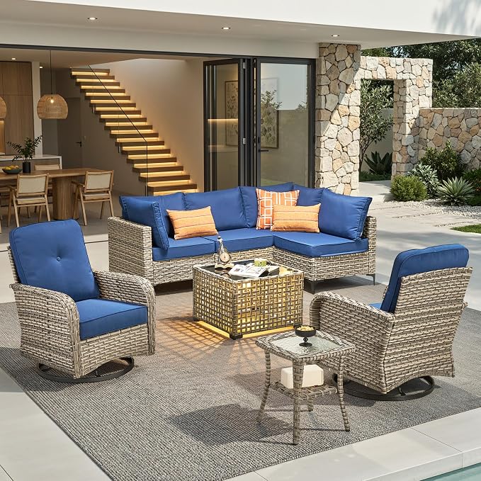8 Pieces Outdoor Sectional Patio Furniture Set with Swivel Rocking Chairs,Conversation Sets Rattan Wicker L Shaped Couch,Modular Outdoor Sofa for Porch Balcony Backyard Navy Blue