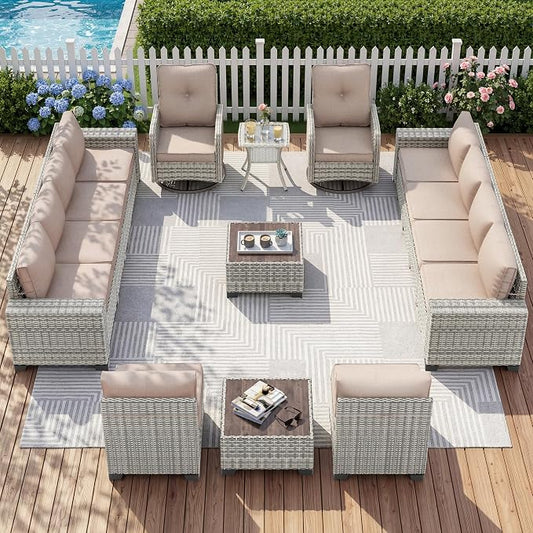 15-Piece Outdoor Patio Furniture Set with Rocking Swivel Chair Wicker Sectional Sofa Set, Patio Conversation Set with Thickened Cushions & Coffee Table for Garden, Backyard, Poolside, Beige