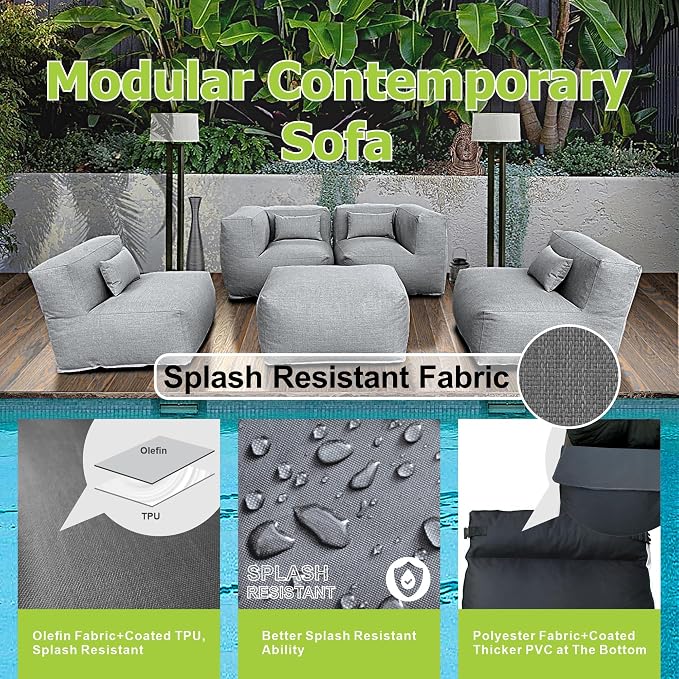 Dineli ANNYH Calaluna 5Pc Outdoor Furniture Sectional Conversation Set Combines 2Middle 2Corner Expansion Foam Filled Chairs,1Ottoman - A Unique Modular Contemporary Sofa (Dark Gray)