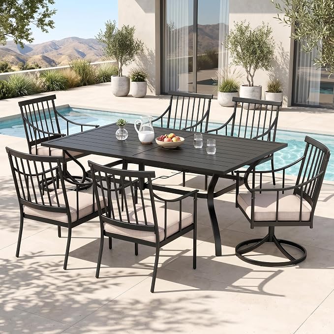 PHI VILLA 7 Piece, Outdoor Dining Set, 60"x38" Table, 1.57" Umbrella Hole | Metal, Swivel Chairs, Cushions, Weather-Resistant, 360° Swivel, 350 lbs Capacity