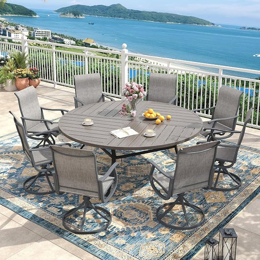 Outdoor Dining Set for 8, 63.1" Metal Round Outdoor Dining Table with Umbrella Hole and Sling Patio Swivel Chairs, 9 Pieces Patio Table and Chairs Set for Garden Backyard, Grey