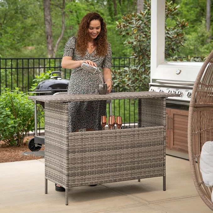 BizChair Indoor/Outdoor Patio Wicker Rattan Bar Counter Table with 2 Shelves, Gray