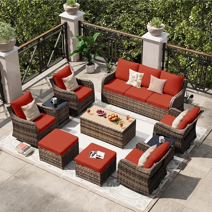 MEISSALIVVE Patio Furniture Set with Swivel Rocking Chairs, 10 Pieces Patio Conversation Set, Outdoor Wicker Sofa Couch with Waterproof Cushions for Lawn Backyard Porch (Red)