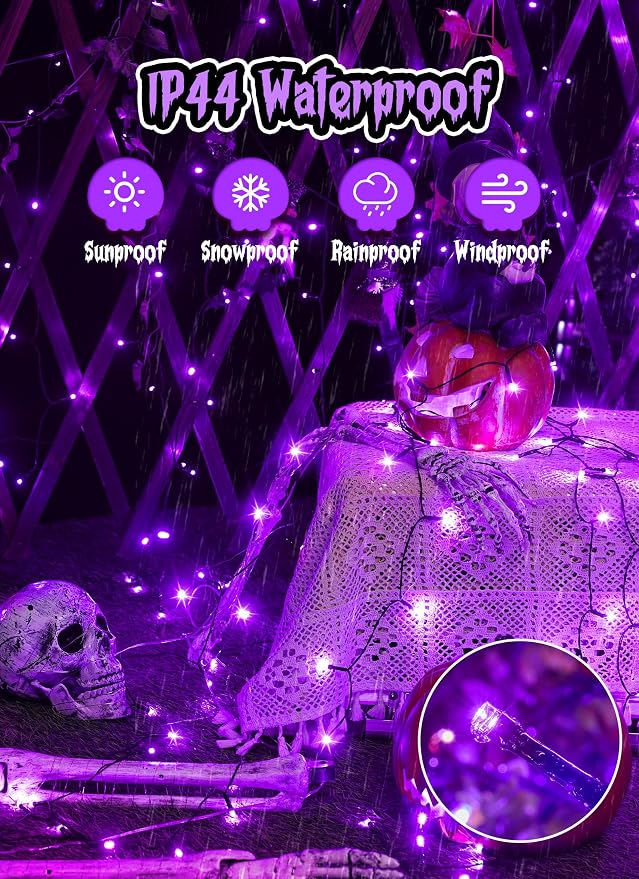 Minetom 2Pack Solar Halloween Lights Outdoor,Total 80FT 200LED String Light | Halloween Decoration Outdoor with 8 Modes, Black Wire, Waterproof Solar String Lights for Outside Tree Yard Party, Purple