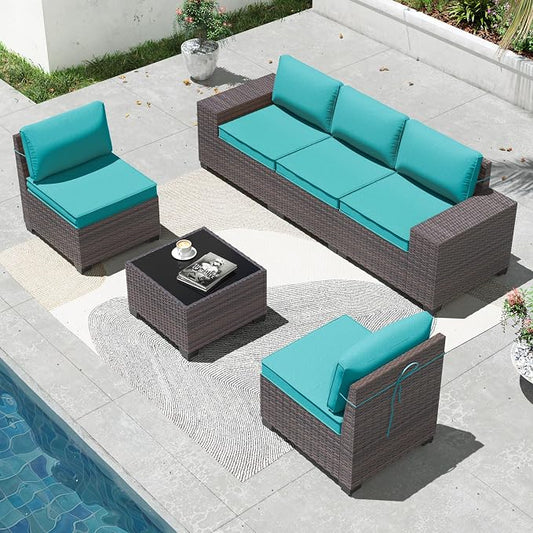 6 Pieces Patio Furniture Sets with Glass Tea Table,PE Rattan Wicker Patio Conversation Set with Washable Cushions,Outdoor Patio Sectional Furniture Set for Backyard, Poolside, Garden,Blue