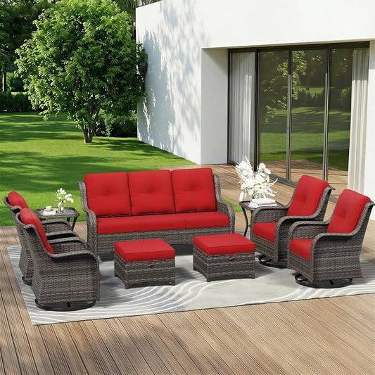 9 Piece Outdoor Wicker Patio Furniture Set, Outdoor Swivel Rocker Patio Chairs Set with Thickened Olefin Cushions, High Back and Deep Seating, Hand-Woven PE Rattan for Porch, Deck