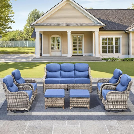 Luxury High Back Outdoor Furniture with 6-Inch Thick Cushions, Patio Furniture Set with Swivel Chairs, 7 PCS Wicker Conversation Set for Porch, Balcony, Deck and Yard