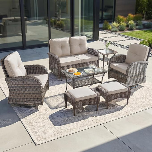 7 Piece Patio Furniture Set - Wicker Patio Conversation Set with Swivel Glider, Loveseat Bench, 2 Ottomans, Glass Side Table and Coffee Table for Deck Backyard - Brown Wicker Beige Cushion