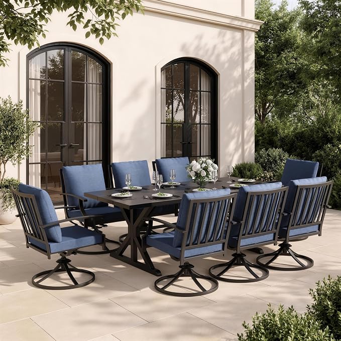 9 Piece Outdoor Dining Set for 8, Metal Patio Table and Chairs with Cushions, Patio Furniture Set with 8 Swivel Chairs, Rectangular Metal Dining Table with Umbrella Hole, Lawn Deck Yard-Navy
