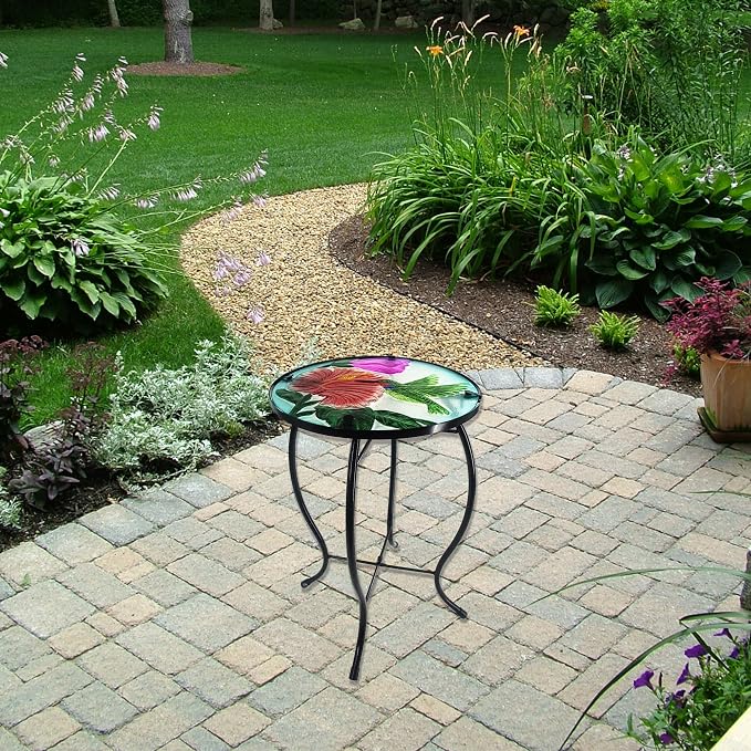 Outdoor Side Table Hummingbird Round Small Patio Accent Table Indoor End Table for Yard, Garden, Living Room, Bistro Balcony or Lawn