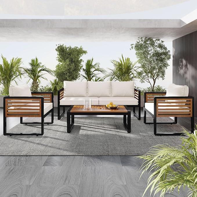 ERYE Large Size 4-Pieces Patio Conversation Set Modern Outdoor Furniture Sofa for 5 Person, Garden Furniture Set with Removable Cushion, Metal Frame and Acacia Wood Tabletop