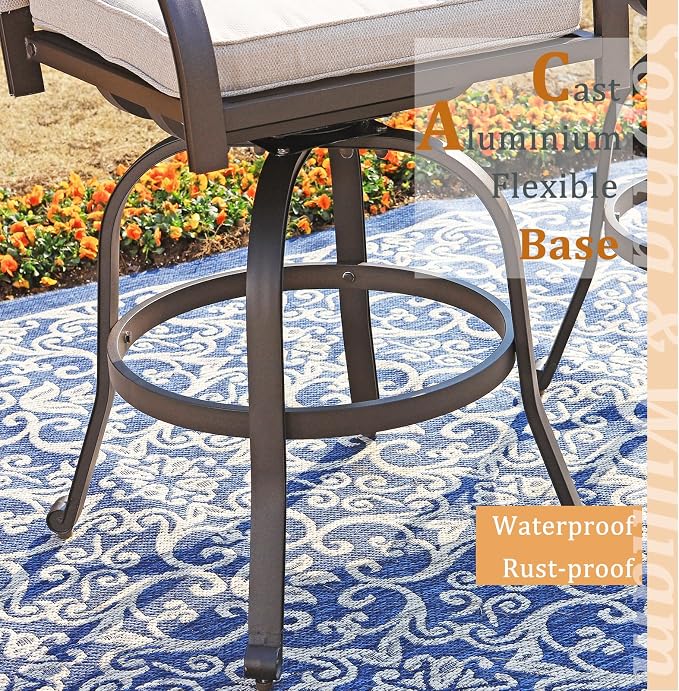 Sophia & William 3 Pieces Cast Aluminum Patio Bar Set, Square Outdoor Bar Table and 2 Swivel Bar Counter Height Chairs Set, Modern Patio Pub Bistro Set with Outdoor Stools