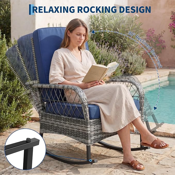 Outdoor Wicker Rocking Chair Set of 3 Pieces, Patio Furniture with Rattan Rocker Chairs, Glass-Top Coffee Table and Beige Washable Cushions for Garden, Balcony, Porch (Gray Wicker & Blue Cushions)