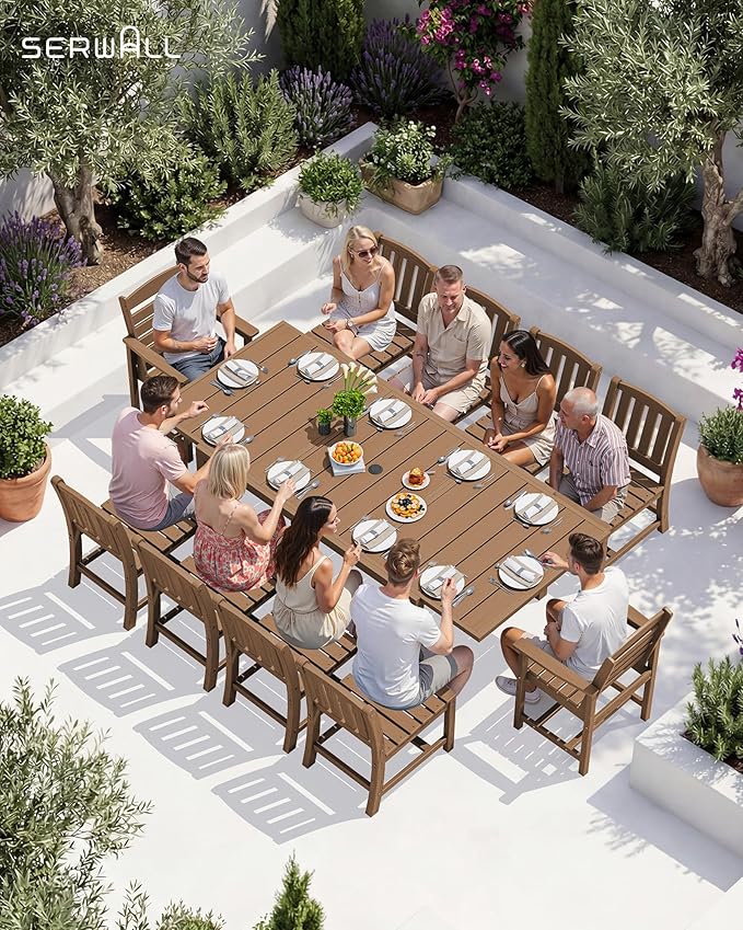 SERWALL Outdoor Expandable Dining Table 60" - 83", Brown | Patio Dining Table for 4-8 People, All Weather HDPE and Aluminum Outdoor Furniture