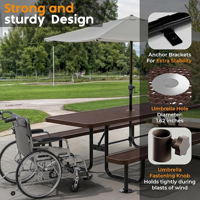 Commercial Heavy-Duty Metal Picnic Table - ADA Compliant, Adjustable Seats, Umbrella Hole, Expanded Metal (Dark Brown, 8' Rectangular)