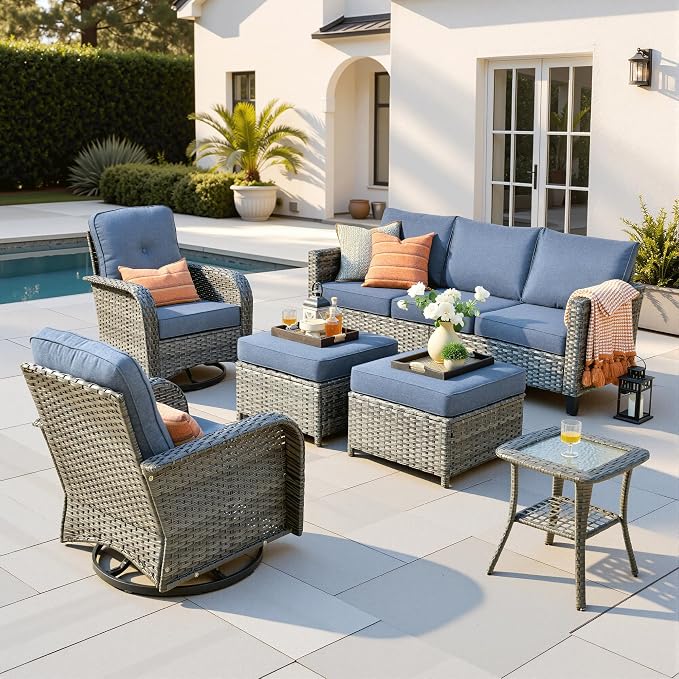 ovios 6 Pieces Patio Furniture Set, Outdoor Wicker Sofa Couch with Swivel Glider Chairs Comfy Cushions, Modern Deep Seat Rattan Conversation Sets for Deck Porch, Denim Blue