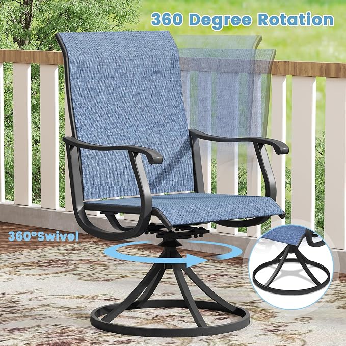 DIFY Patio Table and Chairs Set for 6, 7 Piece Outdoor Dining Set, 50" Black Round Metal Dining Table with Umbrella Hole and 6 Blue Textilene Swivel Patio Chairs, for Garden Backyard Deck