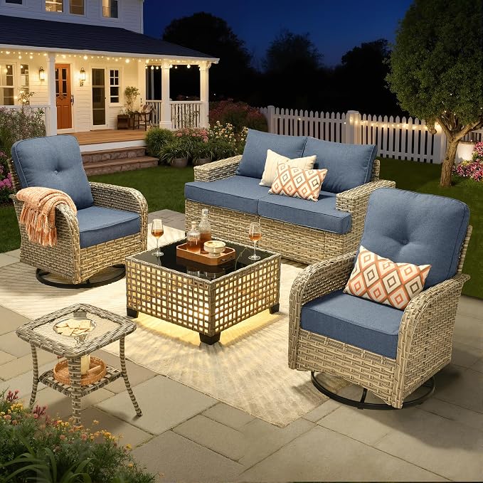Wicker Patio Furniture Set with Swivel Chairs, 6 Pieces Outdoor Sectional with Glowing Coffee Table, Out Door Furniture Conversation Set, Denim Blue