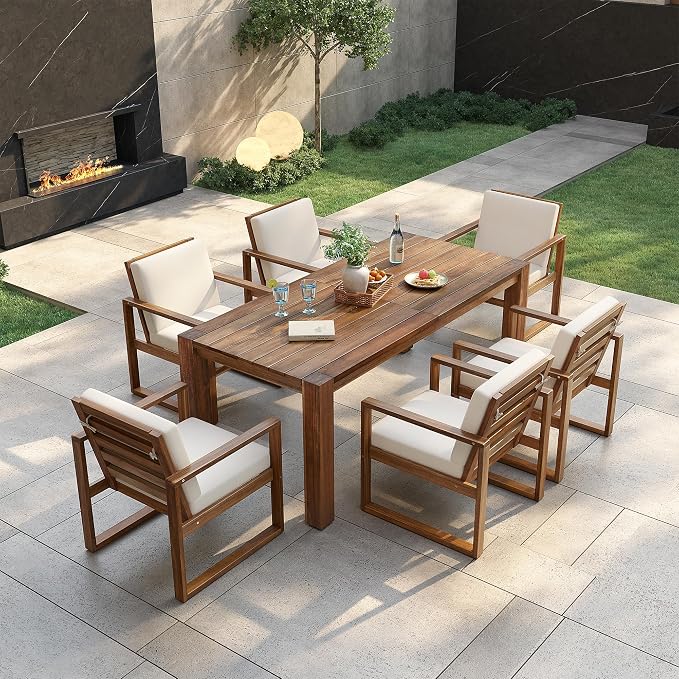 RUNNA Patio Table and Chairs Set,Outdoor Dining Set for 6 with Umbrella Hole,7 Piece Outdoor Patio Furniture Set Wood Frame with Removable Cushion for Garden,Backyard,Lawn,Poolside (Beige+Mocha#019)