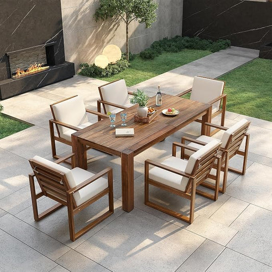 Outdoor Dining Set for 6 with Umbrella Hole, 7 Piece Outdoor Patio Furniture Set Wood Frame with Removable Cushion for Garden, Backyard, Lawn, and Poolside,Mocha