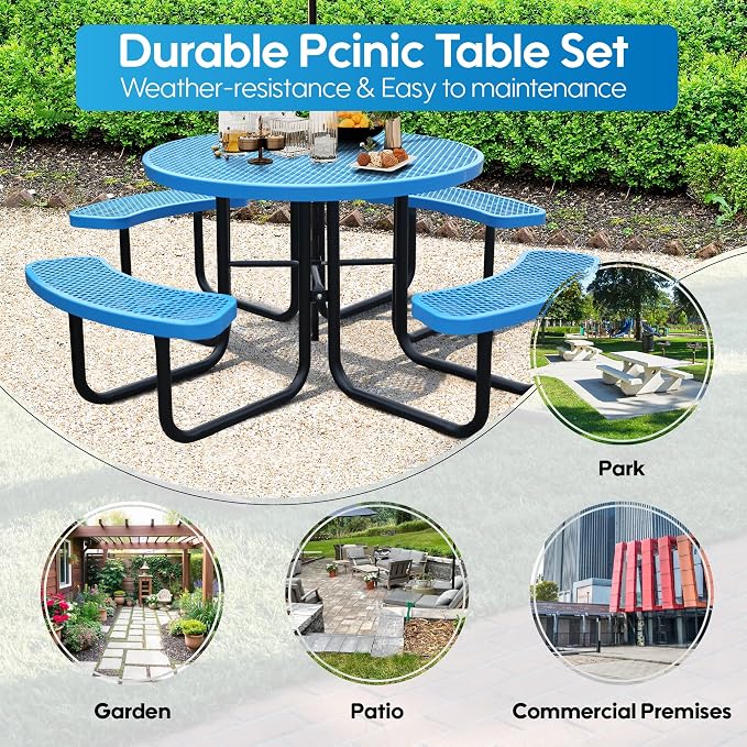 46" Round Picnic Tables for Outdoors,Commercial Metal Picnic Table Bench Set W/ Umbrella Hole,Restaurant School Canteen Tables W/Seats - Heavy Duty Sturdy Picnic Tables for Patio Garden Coffee Shop