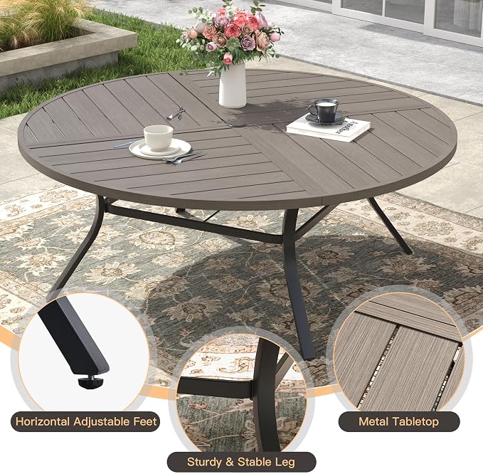 Outdoor Dining Set for 8, 60.1" Outdoor Dining Table with Umbrella Hole and Padded Textilene Patio Swivel Chairs, 9 Pieces Patio Table and Chairs Set for Garden Backyard, Grey