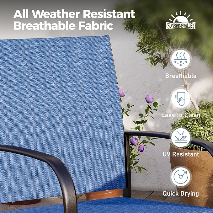 SUNSHINE VALLEY 7 Piece Patio Dining Set for 6, Rectangular Metal Dining Table with Umbrella Hole and 6 Textilene Chairs, Outdoor Table and Chairs Set for Lawn Backyard and Deck, Blue