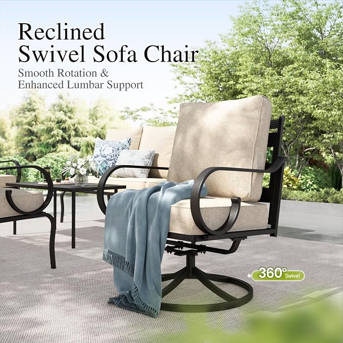 Sophia & William Patio Conversation Set for 7, 3-Seater Sofa, 2 Fixed Chairs, 2 Swivel Chairs and a Coffee Table, Metal Outdoor Furniture with 5.75" Extra Thick Cushions, Beige