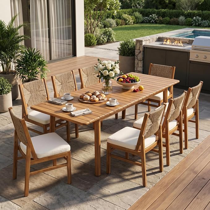 Christopher Knight Home Mave Acacia Wood Dining Table Set for 8, 9 Piece Patio Extendable Dining Table & Armless Chairs Set Of 8 with Cushion & Wicker Back, Patio Furniture Set, Cream+Light Brown+Teak
