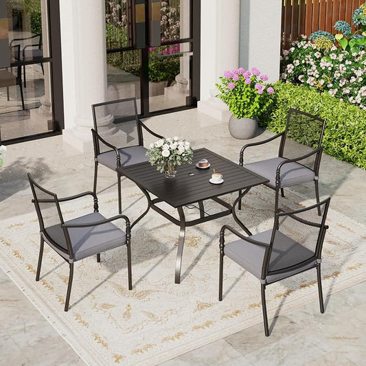 SUNSHINE VALLEY Patio Table and Chairs Set of 4, All-Weather Breathable Metal Mesh Patio Chair with Gourd-Shaped Armrests, 37x37 Square Table with Umbrella Hole, 5 Pcs Metal Frame Patio Dining Set