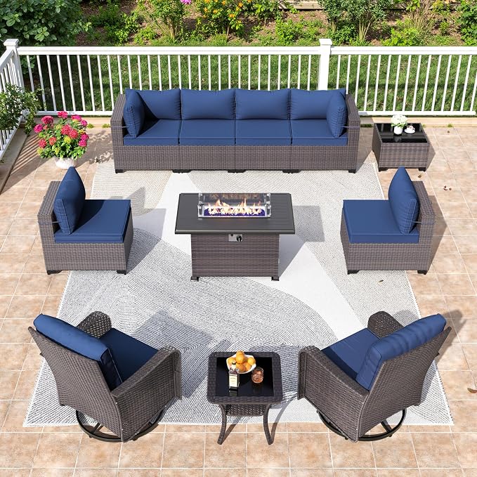 11 Pieces Outdoor Patio Furniture Set,Outdoor Sectional Furniture with 43" 55000 BTU Gas Propane Fire Pit Table,PE Rattan Wicker Patio Conversation Set,Swivel Rocking Chairs Set,Navy Blue