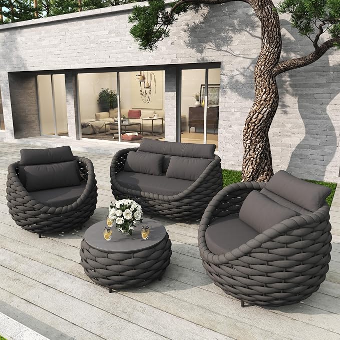 4 Pieces Set Aluminum Outdoor&Indoor Sofa, Modern Patio Furniture Set Conversation Set with Soft Cushion and Coffee Table for Balcony Garden，Black
