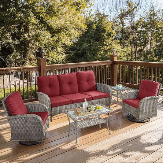 5 Piece Patio Furniture Set - Wicker Patio Conversation Set with Swivel Glider, 3 Seat Sofa, Tempered Glass Side Table and Coffee Table for Deck Backyard - Grey Wicker Red Cushion
