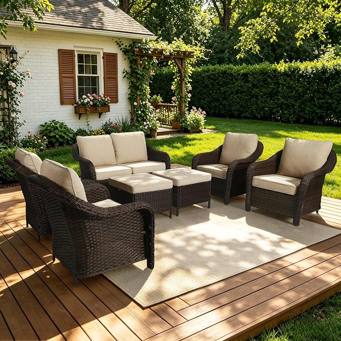 7 Piece Patio Wicker Conversation Set, All-Weather Use Outdoor Wicker Loveseat with 2 PE Rattan Ottomans,4 Chair, Ideal for Porch, Backyard, Balcony, Poolside, Beige
