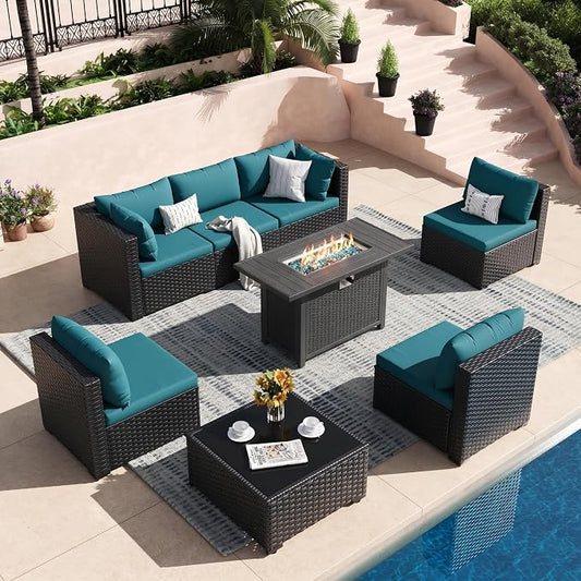8 Piece Patio Furniture Set with 43" Fire Pit Table, Outdoor Sectional Wicker Rattan Sofa Set with Coffee Table (Peacock Blue/Black)