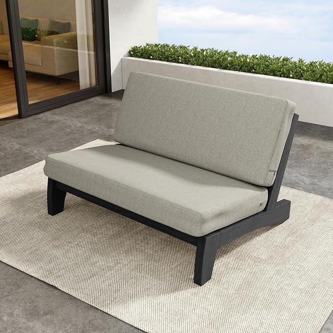 Outdoor Furniture Patio Couch, Weather Resistant Patio Loveseat Sofa Couch with Removable Cushion, Black Wood Frame for Porch & Backyard Seating - Light Camel