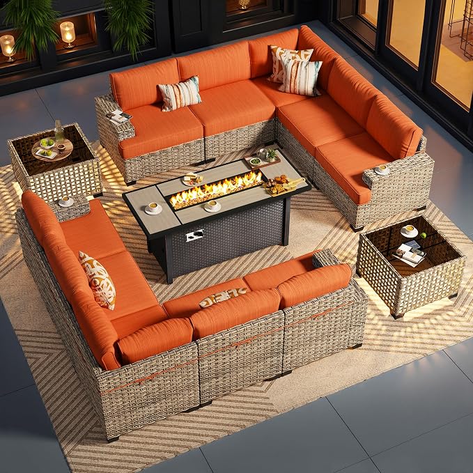 CAODOC Outdoor Sectional Patio Furniture Set with Fire Pit Table,13 Pieces Wicker Conversation Sets L Shaped Couch,Extra Deep Out Door Sofa Outside Furniture, Red