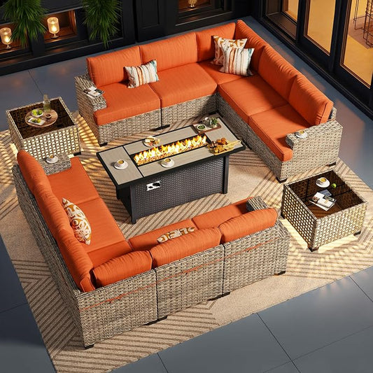 CAODOC Outdoor Sectional Patio Furniture Set with Fire Pit Table,13 Pieces Wicker Conversation Sets L Shaped Couch,Extra Deep Out Door Sofa Outside Furniture, Red