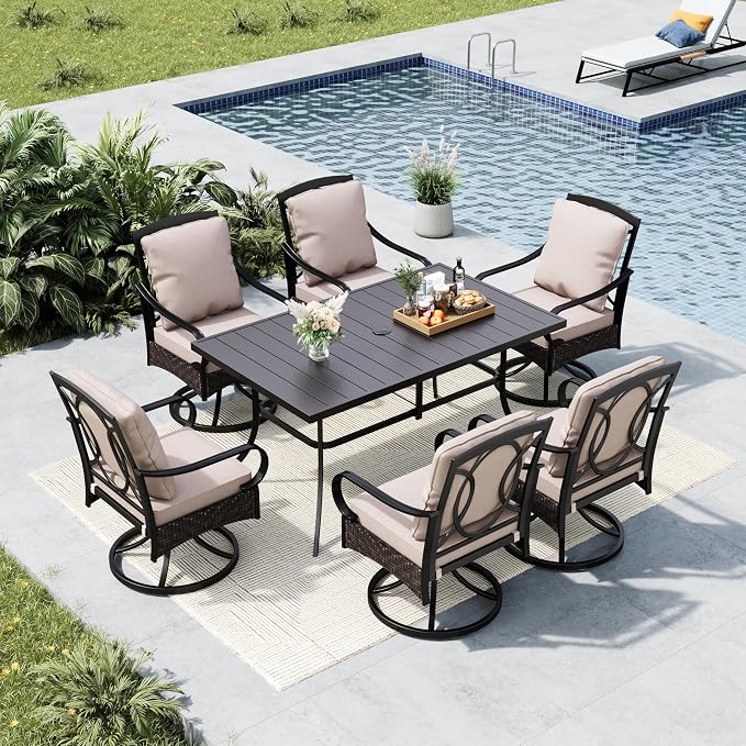 MFSTUDIO Outdoor Patio Dining Set for 6, Outdoor Table and Chairs for 6, Patio Rectangular Metal Table with Swivel Chairs, 7 Pieces Outdoor Dining Furniture Set, 1.57-1.9'' Umbrella Hole