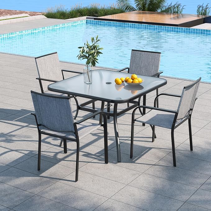 5 Piece Outdoor Patio 37" Square Glass Table and Grey Stackable Chairs Set | 4 Piece Stackable Chairs Textilene Seat and Back, Table & Chair with Metal Frame, Square Glass Table Top, 1.7" Umbrella Hole