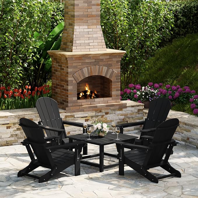 Costaelm Patio Conversation Set, 5 piece Balcony Furniture, Small Patio Firepit Furniture Outdoor Adirondack Square Coffee Table and Chair for Backyard Lawn Porch Pool Garden, Black