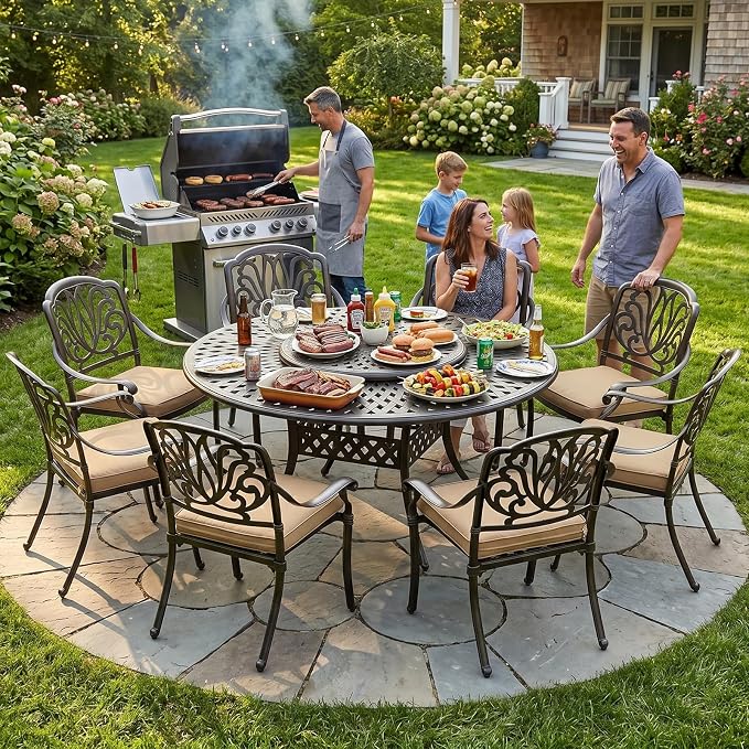 MEETWARM 9-Piece Outdoor Furniture Dining Set, All Weather Cast Aluminum Patio Garden Set- 8 Cushioned Chairs, 61" Round Patio Dining Table with Detachable Lazy Susan, 2" Umbrella Hole,Dark Bronze