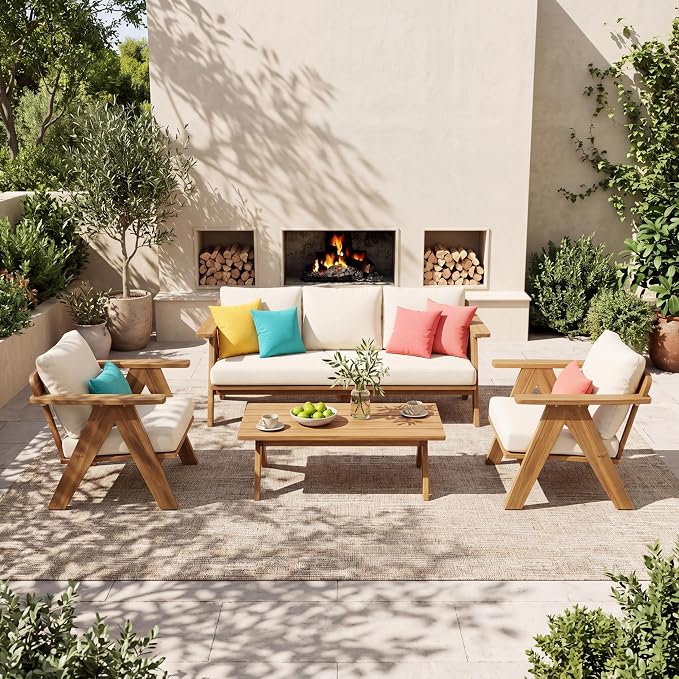 Christopher Knight Home Dina 4-Piece Patio Furniture Set, Acacia Wood Outdoor Conversation Set with Coffee Table, Outdoor 3-Seater Sofa and Club Chairs Set with Cushions for Backyard, Teak+Beige
