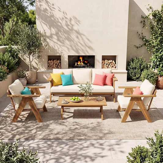 Christopher Knight Home Dina 4-Piece Patio Furniture Set, Acacia Wood Outdoor Conversation Set with Coffee Table, Outdoor 3-Seater Sofa and Club Chairs Set with Cushions for Backyard, Teak+Beige